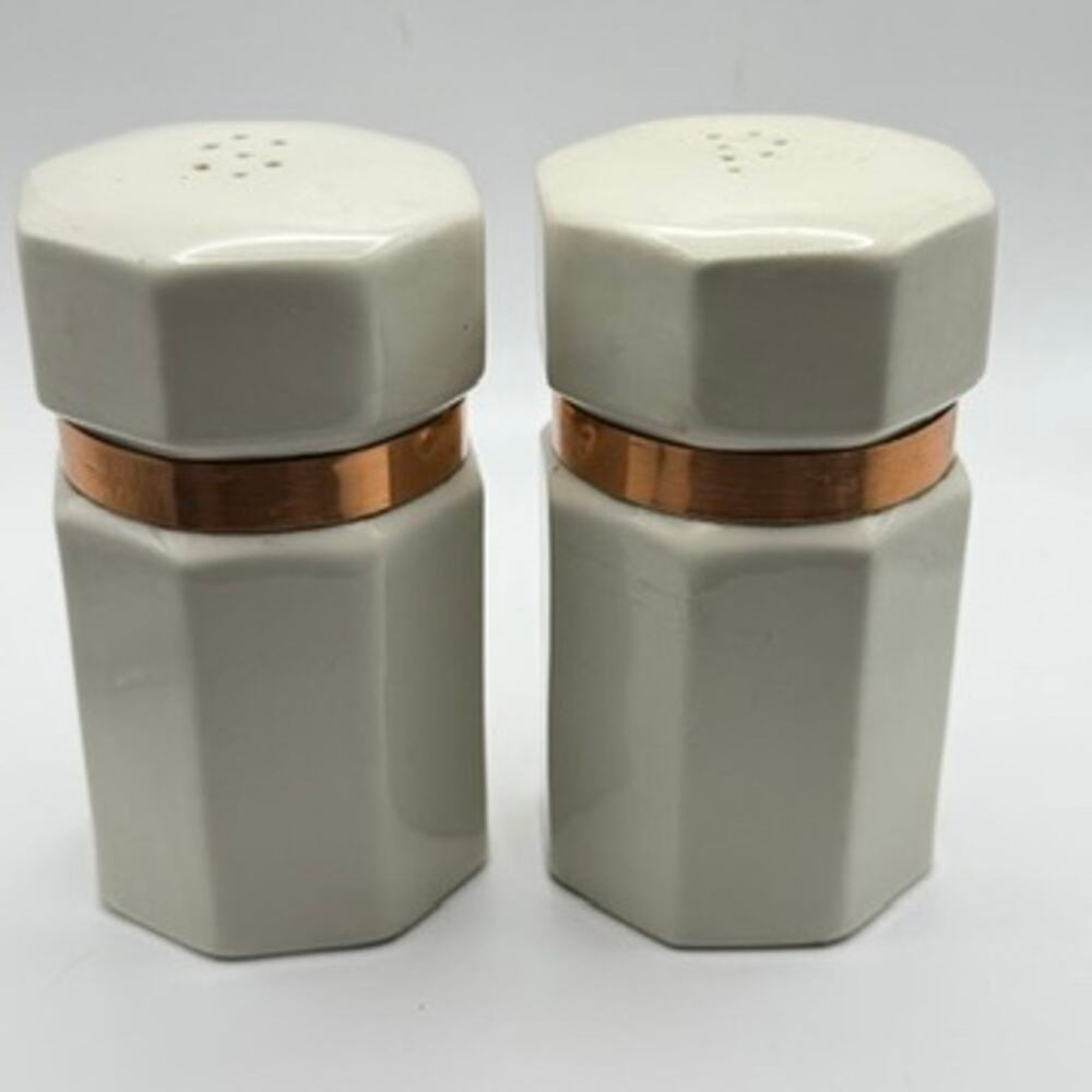 Hall Octagonal Salt & Pepper Shakers Copper Band Vintage White Ceramic #2965